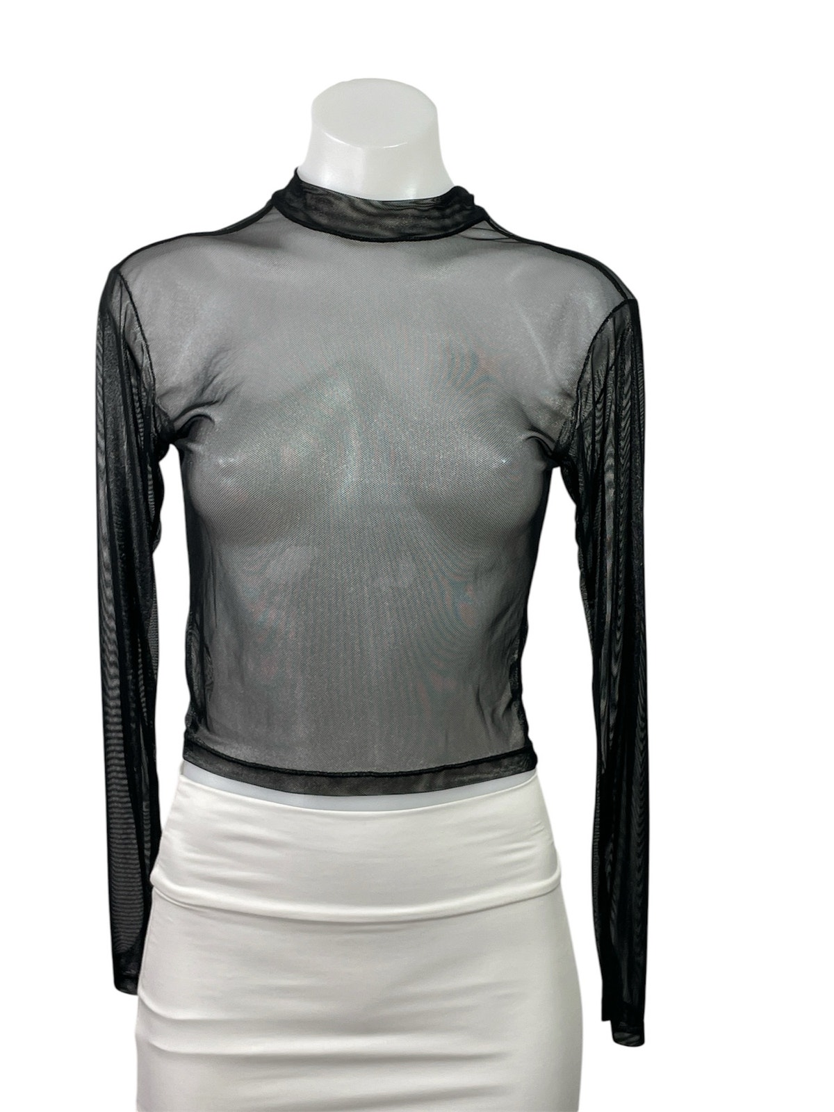 Karibik Karibik Women's Black Mesh Sheer Mock Neck Long Sleeve Crop Top Size M